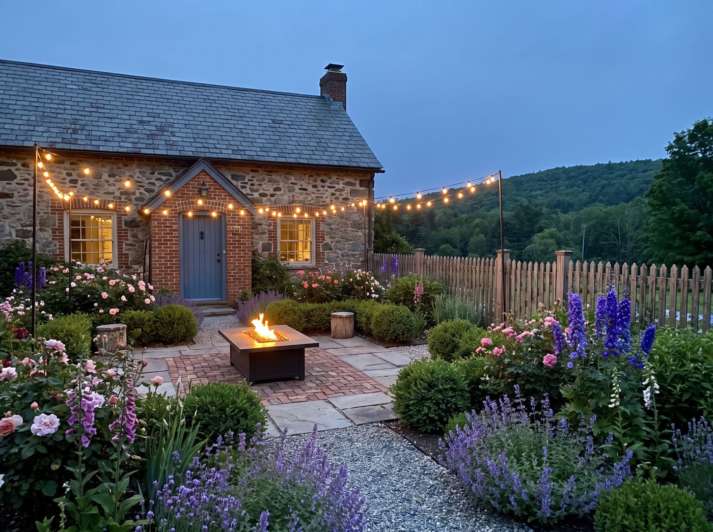 Stone Cottage Patio with Fire Table