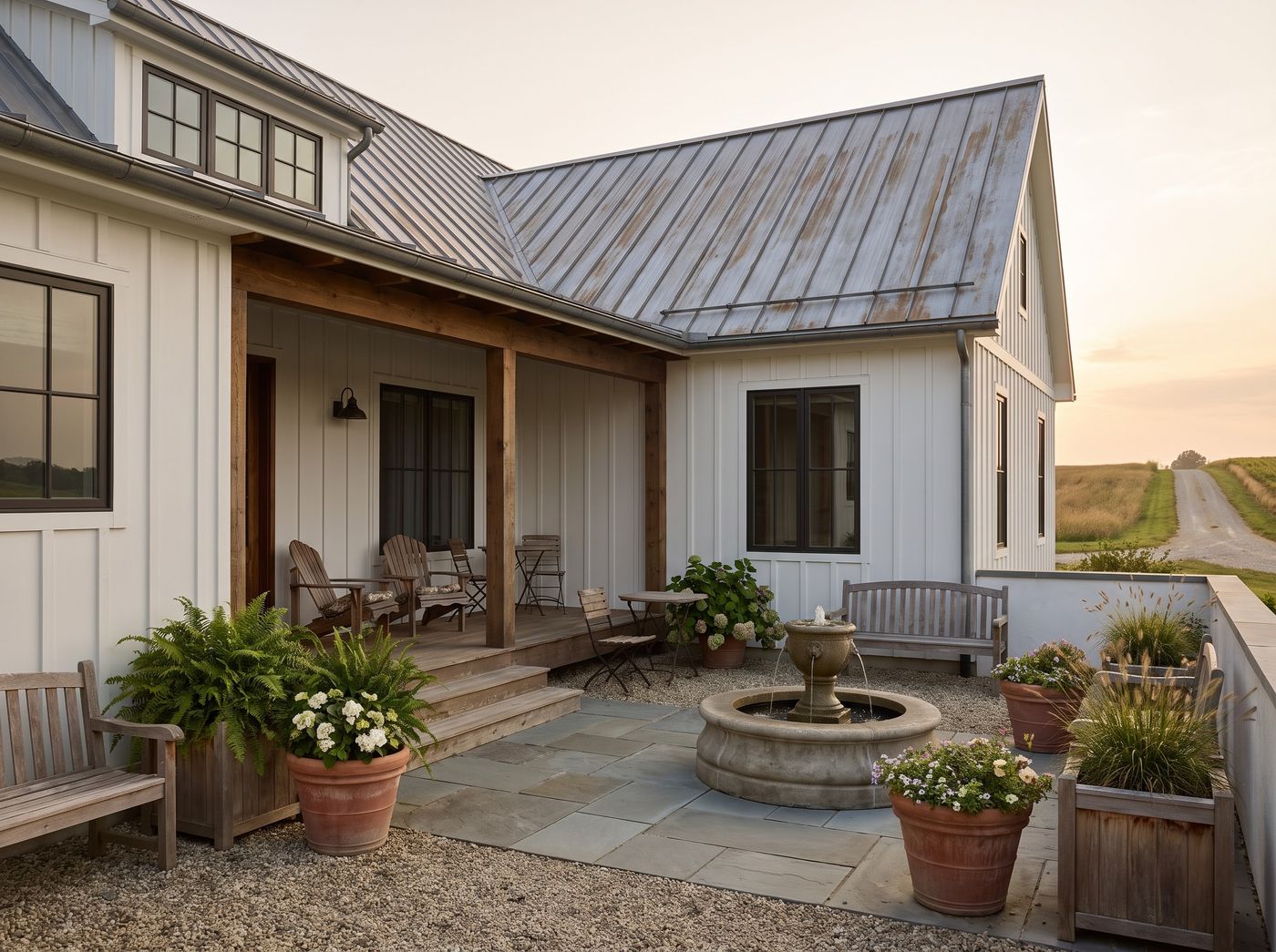 Stone Fountain in Farmhouse Courtyard
