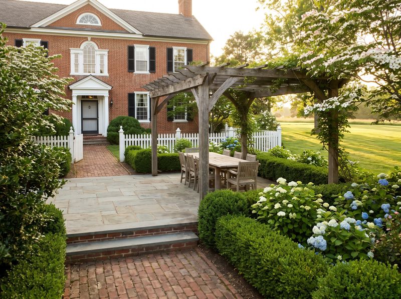 Stone Patio with Wooden Dining Pergola