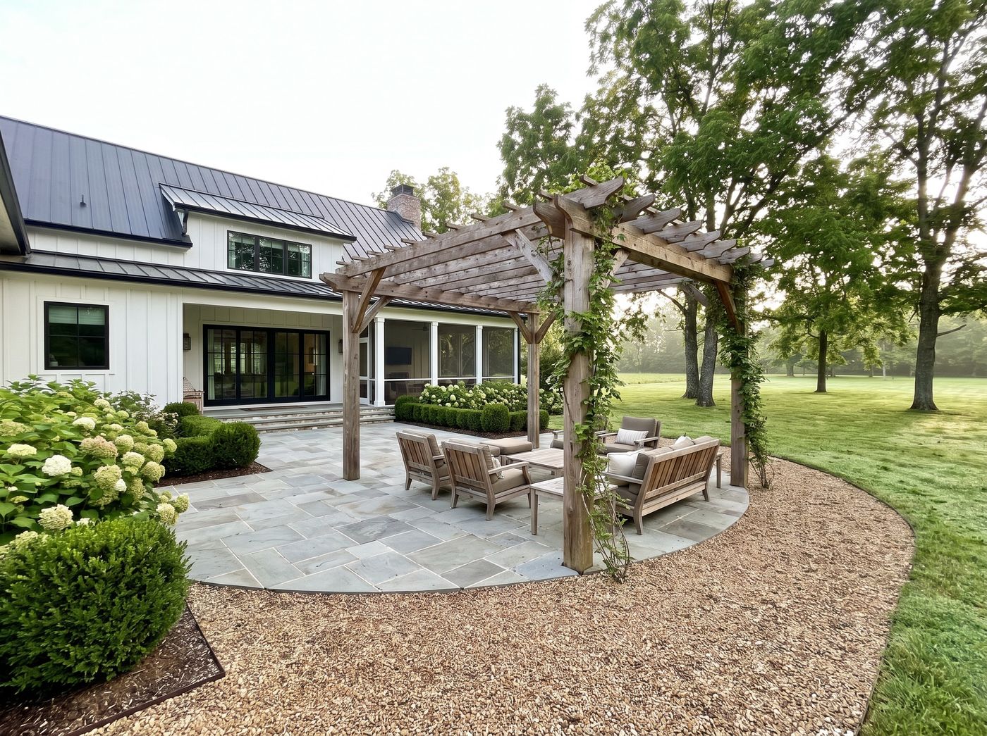 Stone Paver Patio with Wooden Pergola