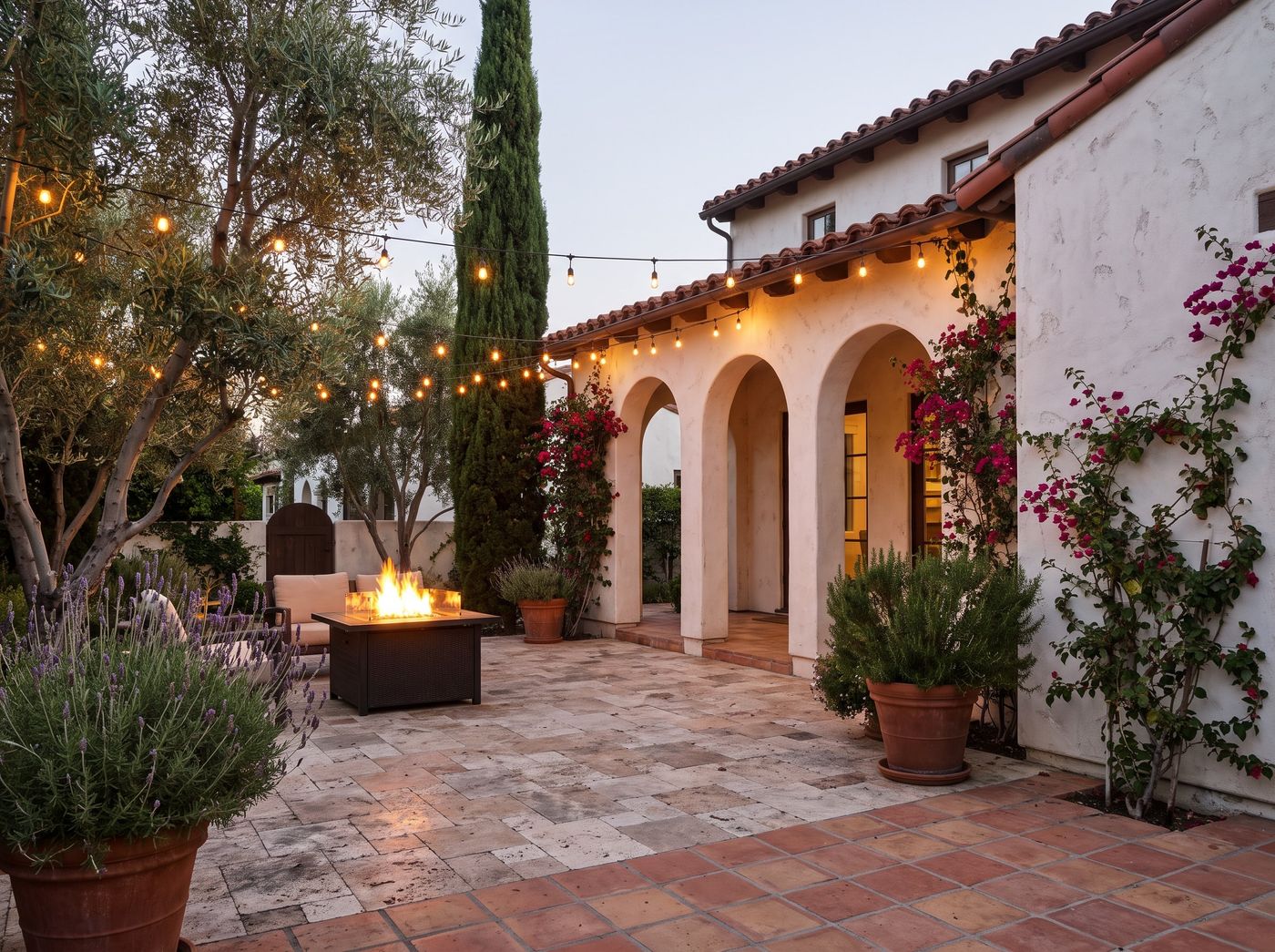 Stucco Patio with Arches and Fire Table