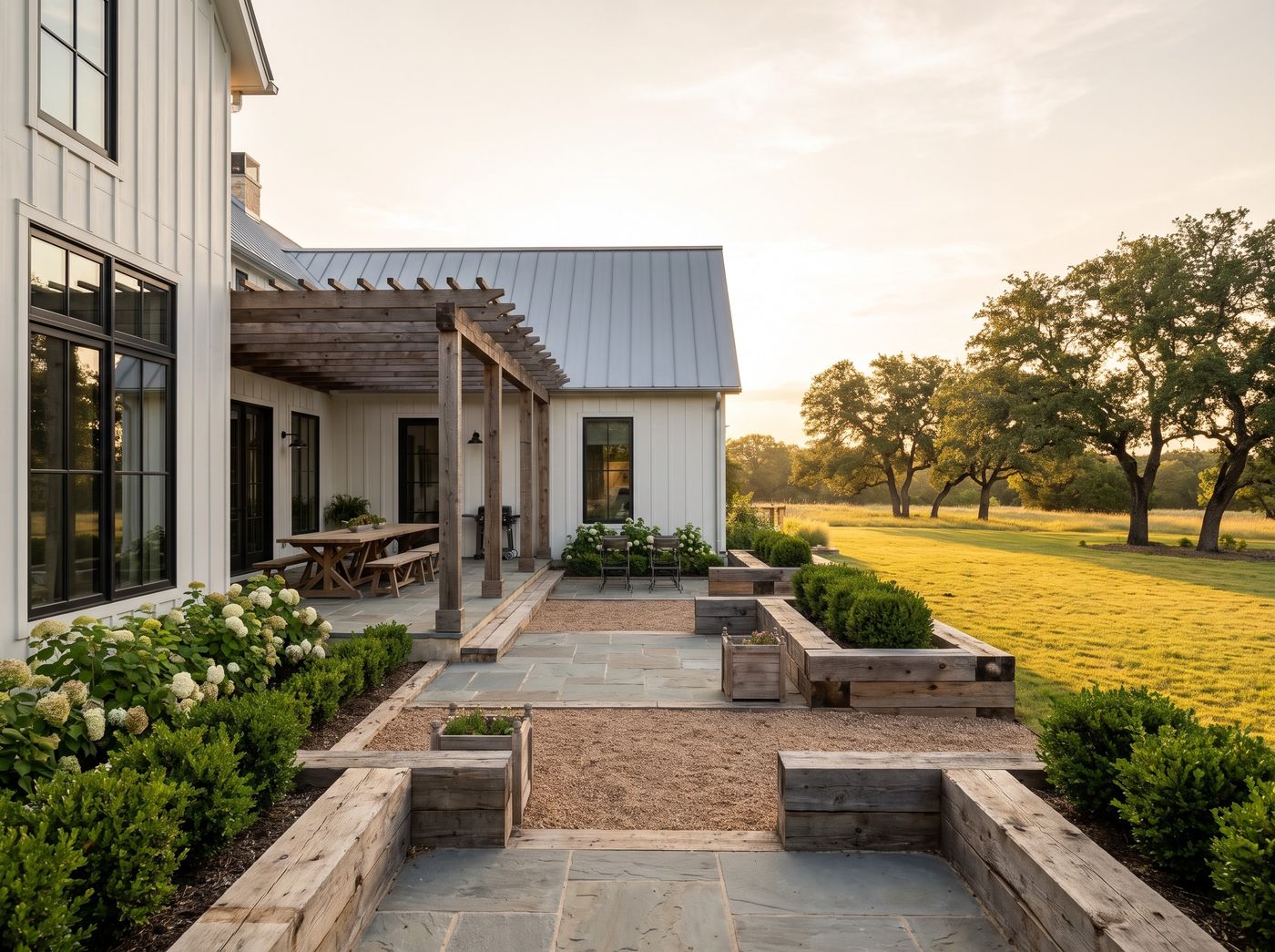 Terraced Stone Patio with Dining Pergola