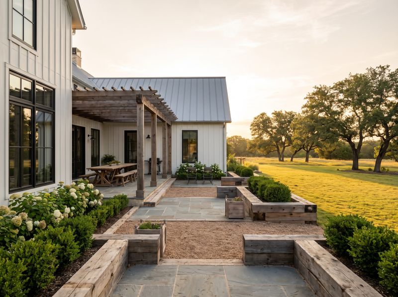 Terraced Stone Patio with Dining Pergola
