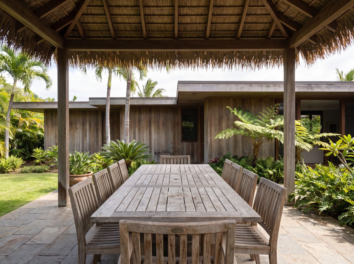 Thatched Pavilion Covering Teak Dining Patio