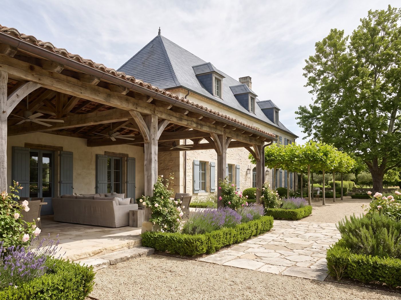 Timber-Framed Covered Patio with Blue Shutters