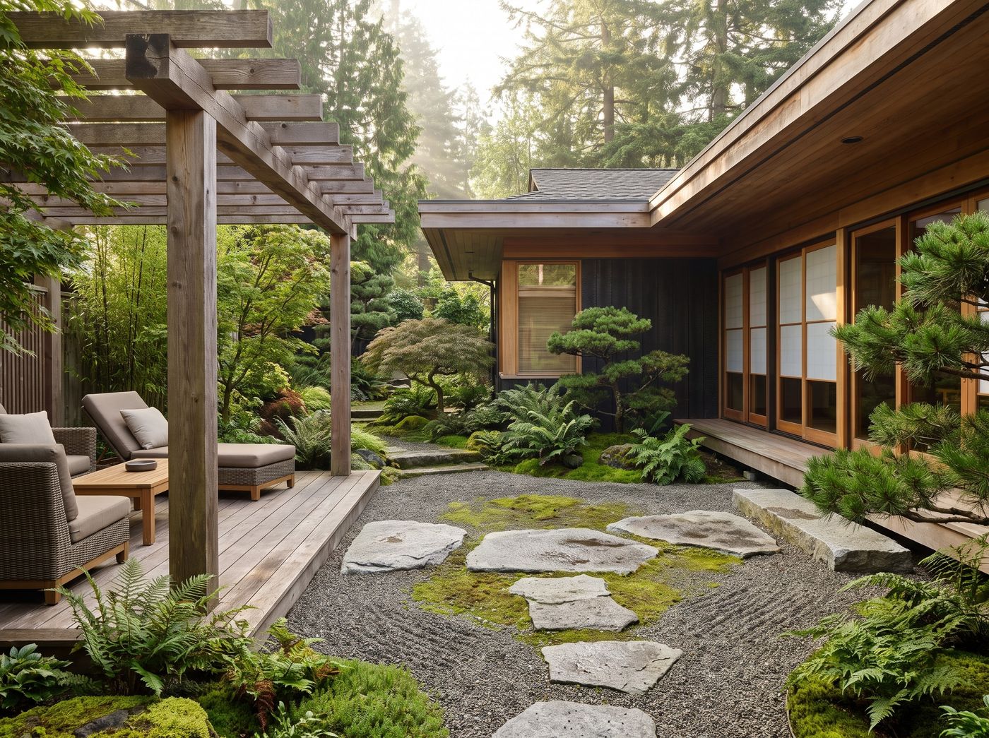 Timber Pergola Framing Zen Gravel Garden
