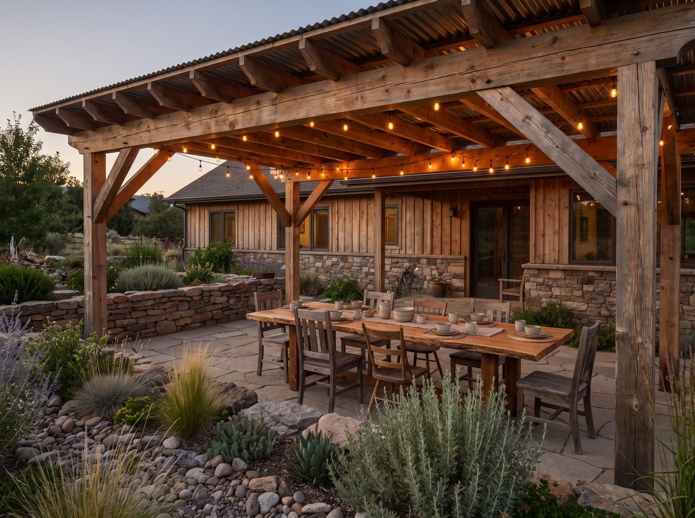 Timber Pergola Over Stone Dining Patio