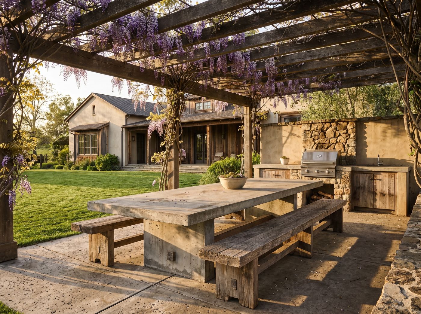 Timber Pergola Shading Concrete Dining Table