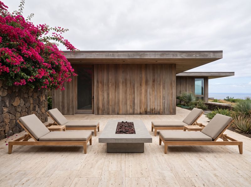 Travertine Patio with Concrete Fire Table