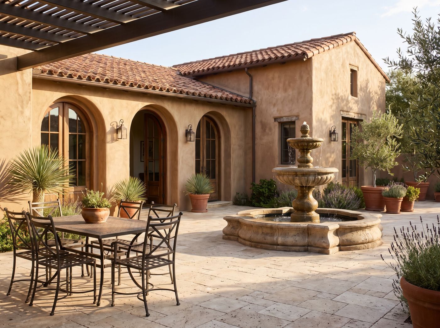 Travertine Patio with Tiered Stone Fountain