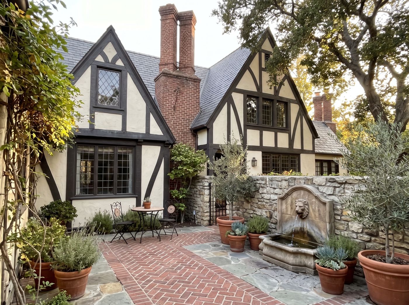 Tudor Courtyard Patio with Stone Fountain