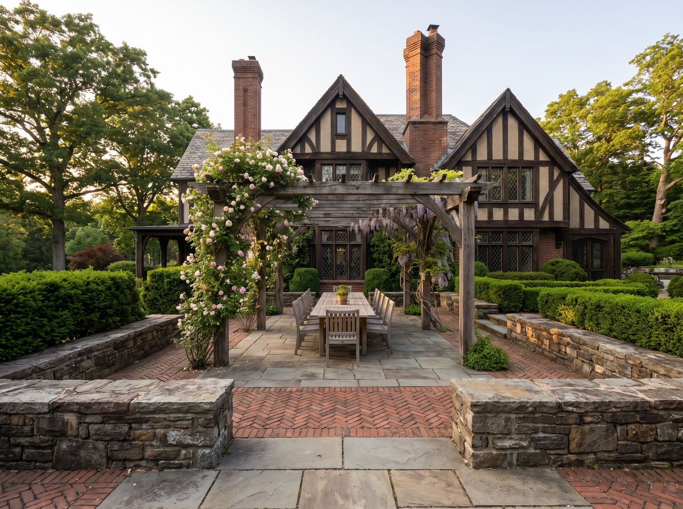 Tudor Patio with Timber Pergola Dining