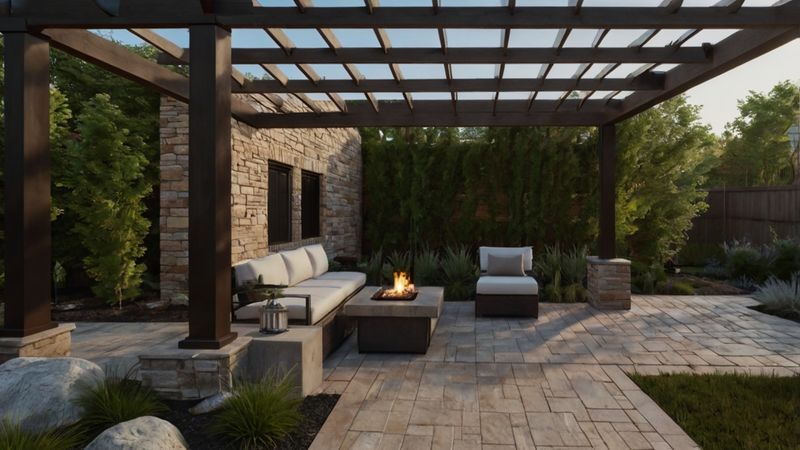 Stone Wall Pergola with Fire Pit