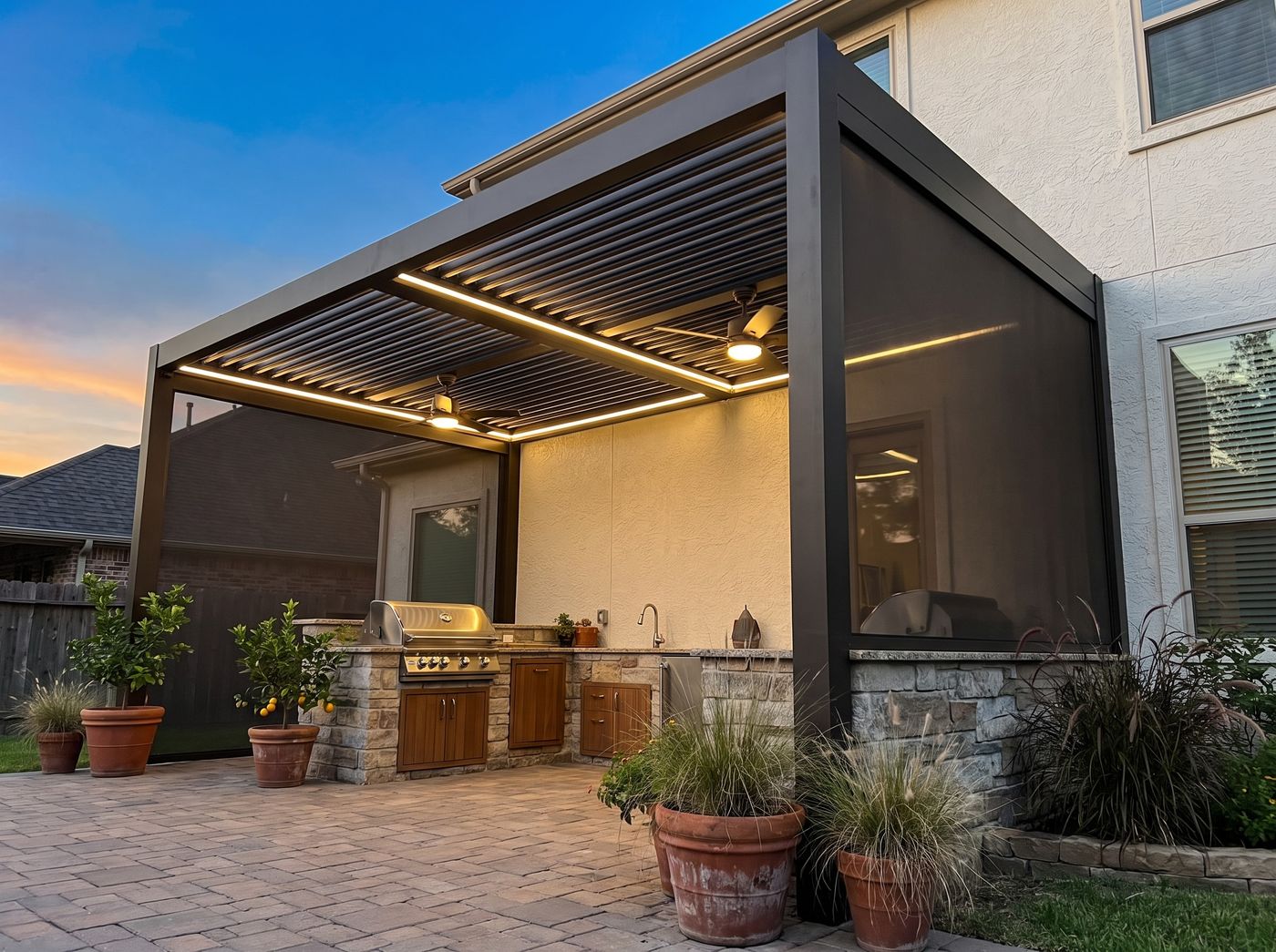 Attached Louvered Pergola Over Outdoor Kitchen
