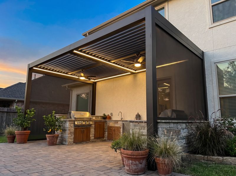 Attached Louvered Pergola Over Outdoor Kitchen