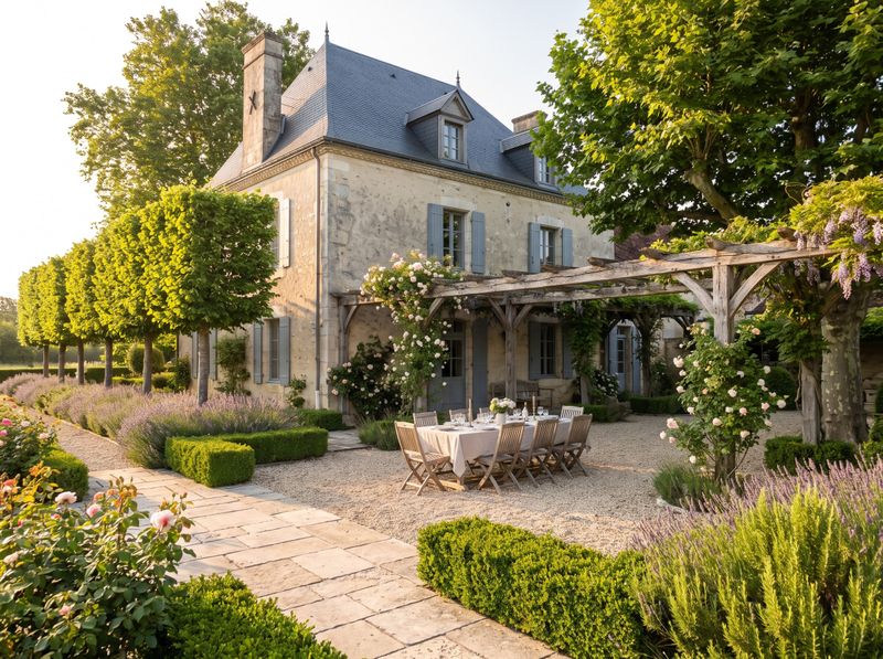 Attached Pergola Over French Country Dining Terrace