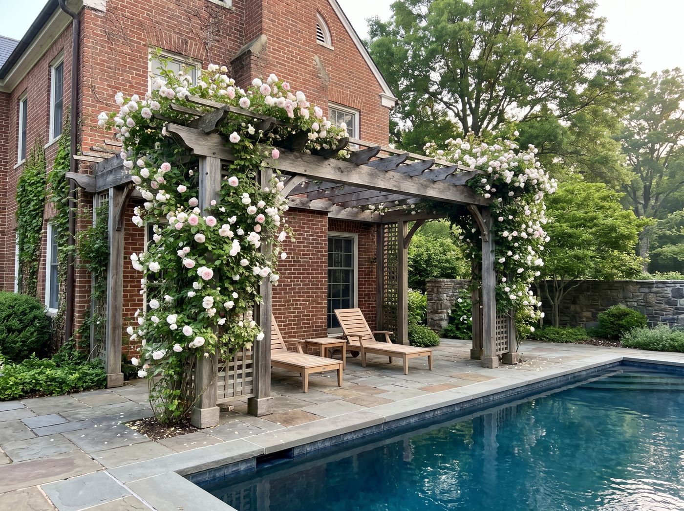 Attached Timber Pergola with Climbing Roses