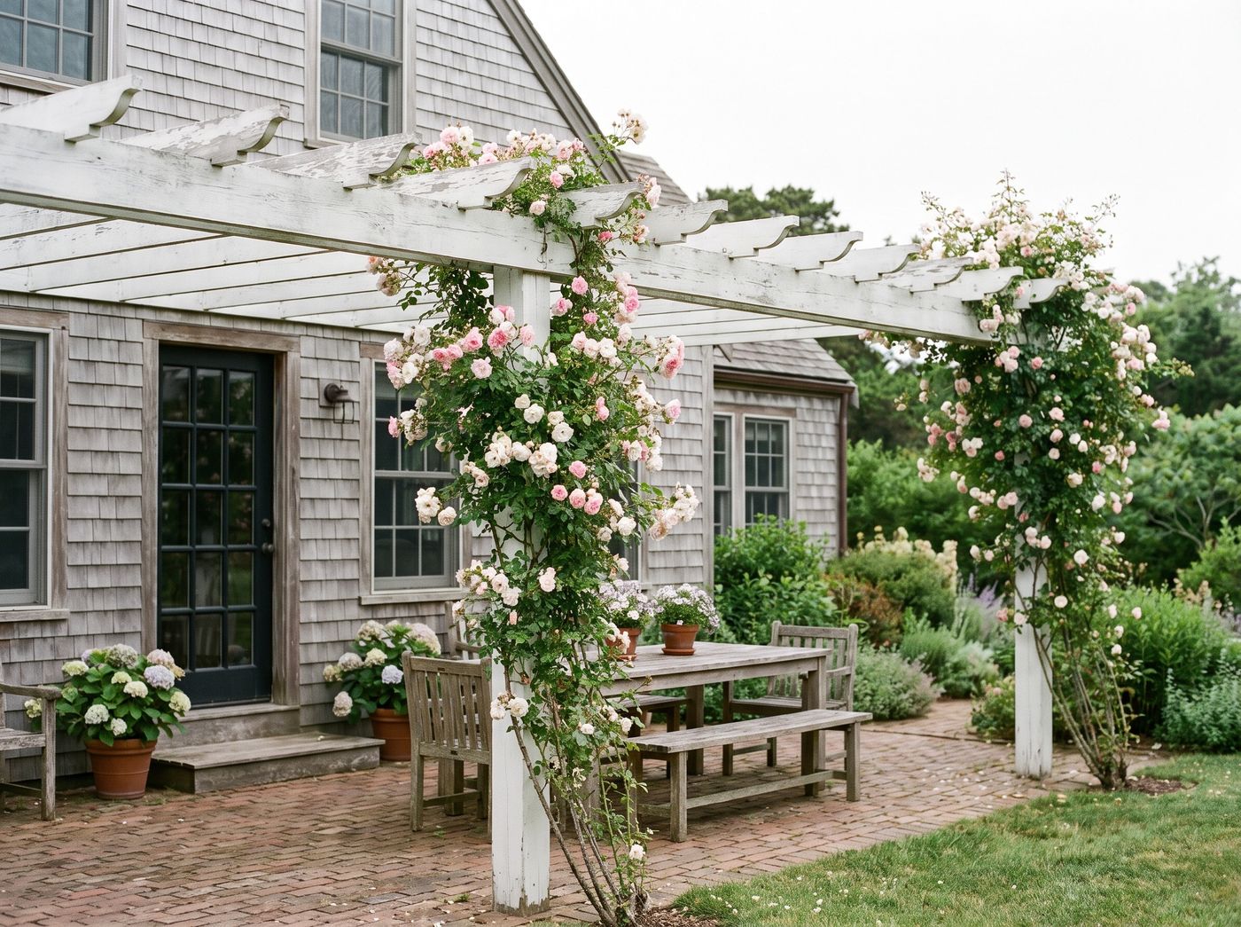 Attached White Pergola with Climbing Roses