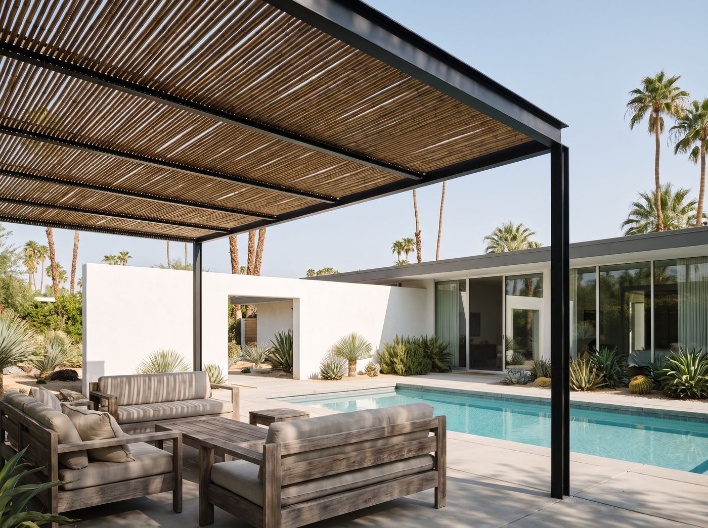 Black Steel Pergola Over Poolside Lounge