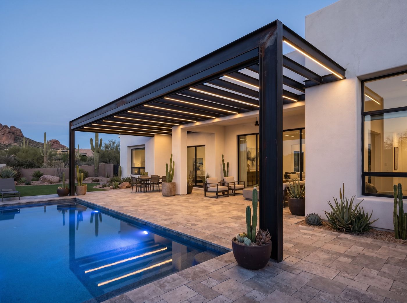 Black Steel Pergola over Poolside Patio