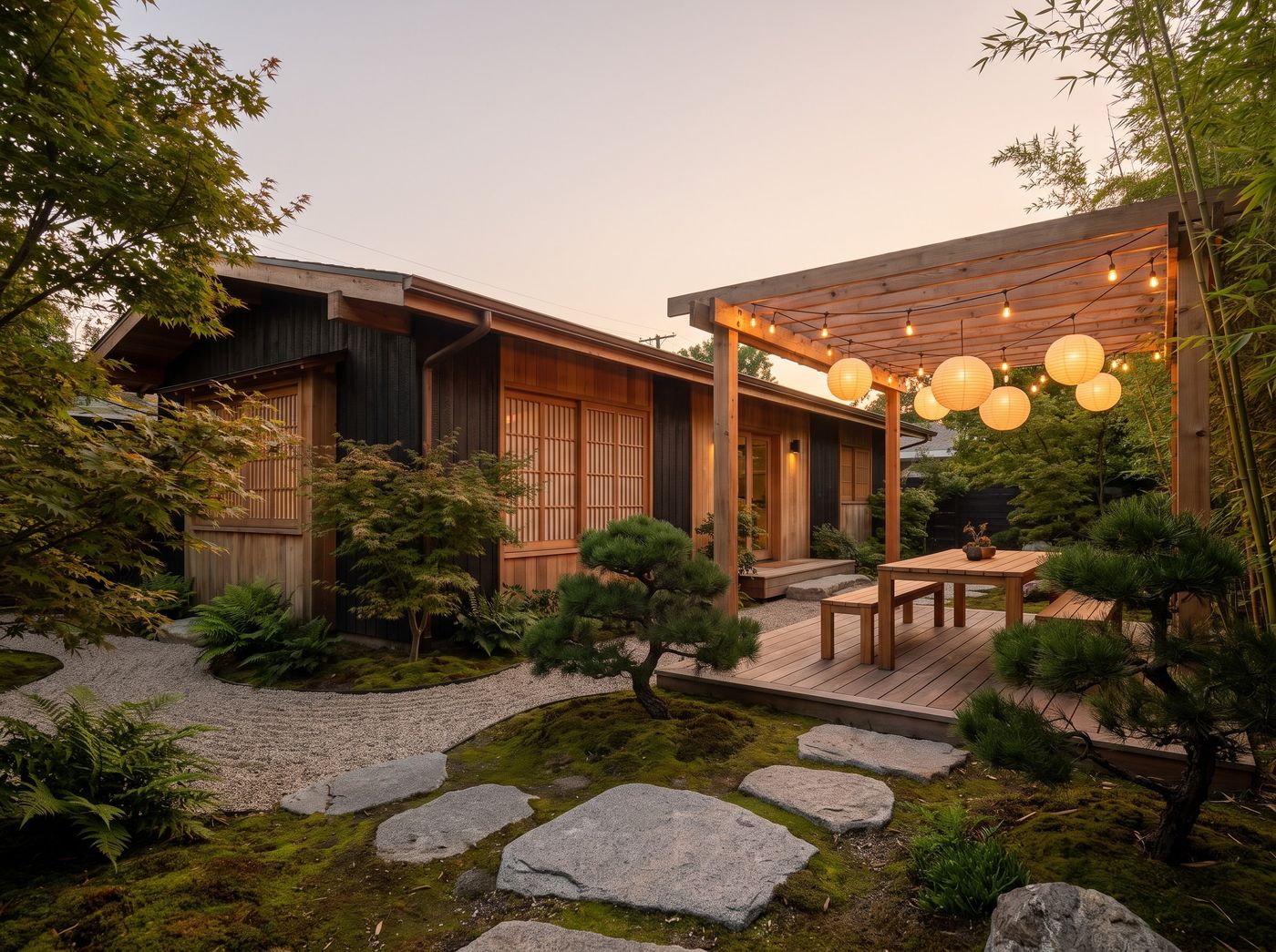 Cedar Pergola with Hanging Paper Lanterns