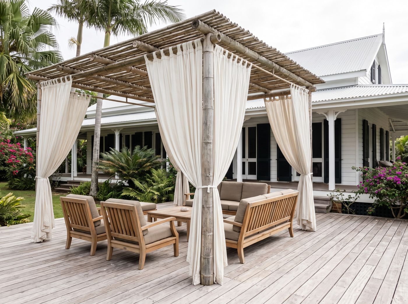 Curtained Bamboo Pergola on Timber Deck