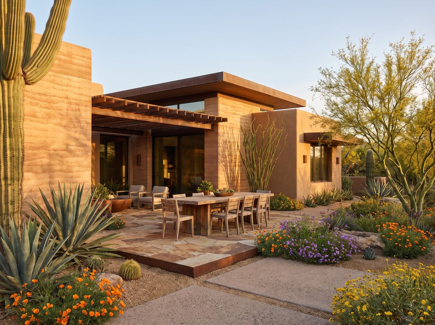 Flagstone Dining Patio Under Attached Pergola