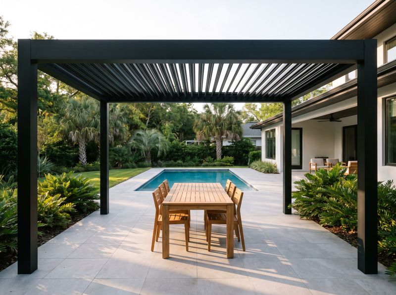 Freestanding Louvered Pergola Framing Poolside Dining