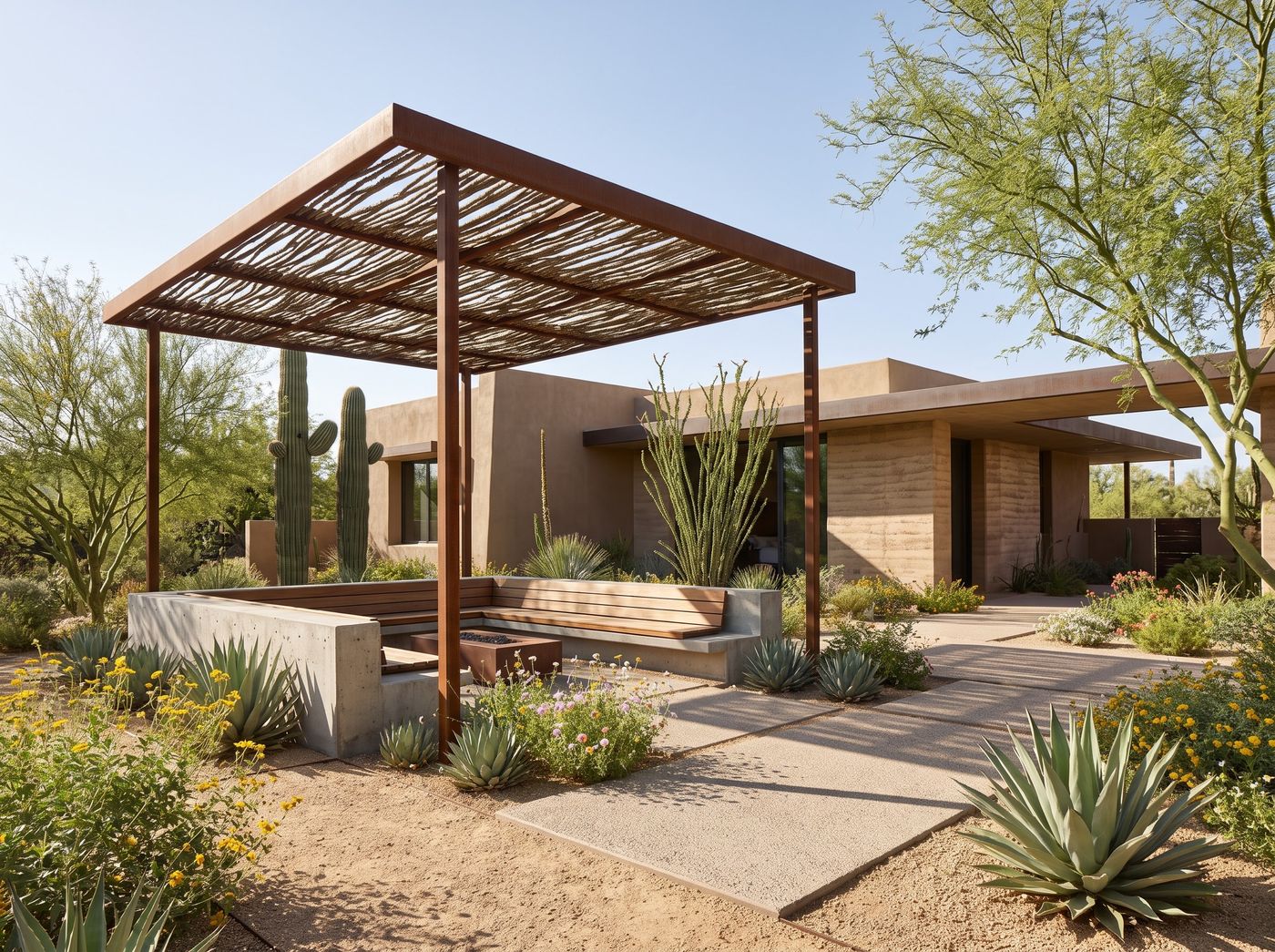 Freestanding Pergola Over Built-in Lounge