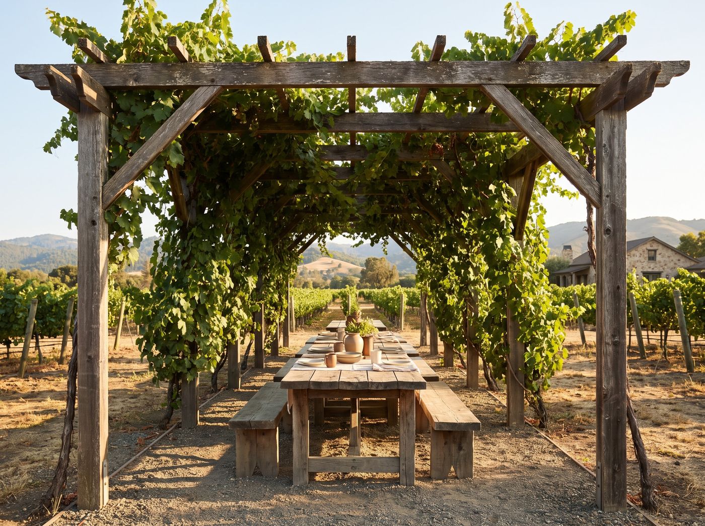 Freestanding Timber Pergola Shading Vineyard Dining