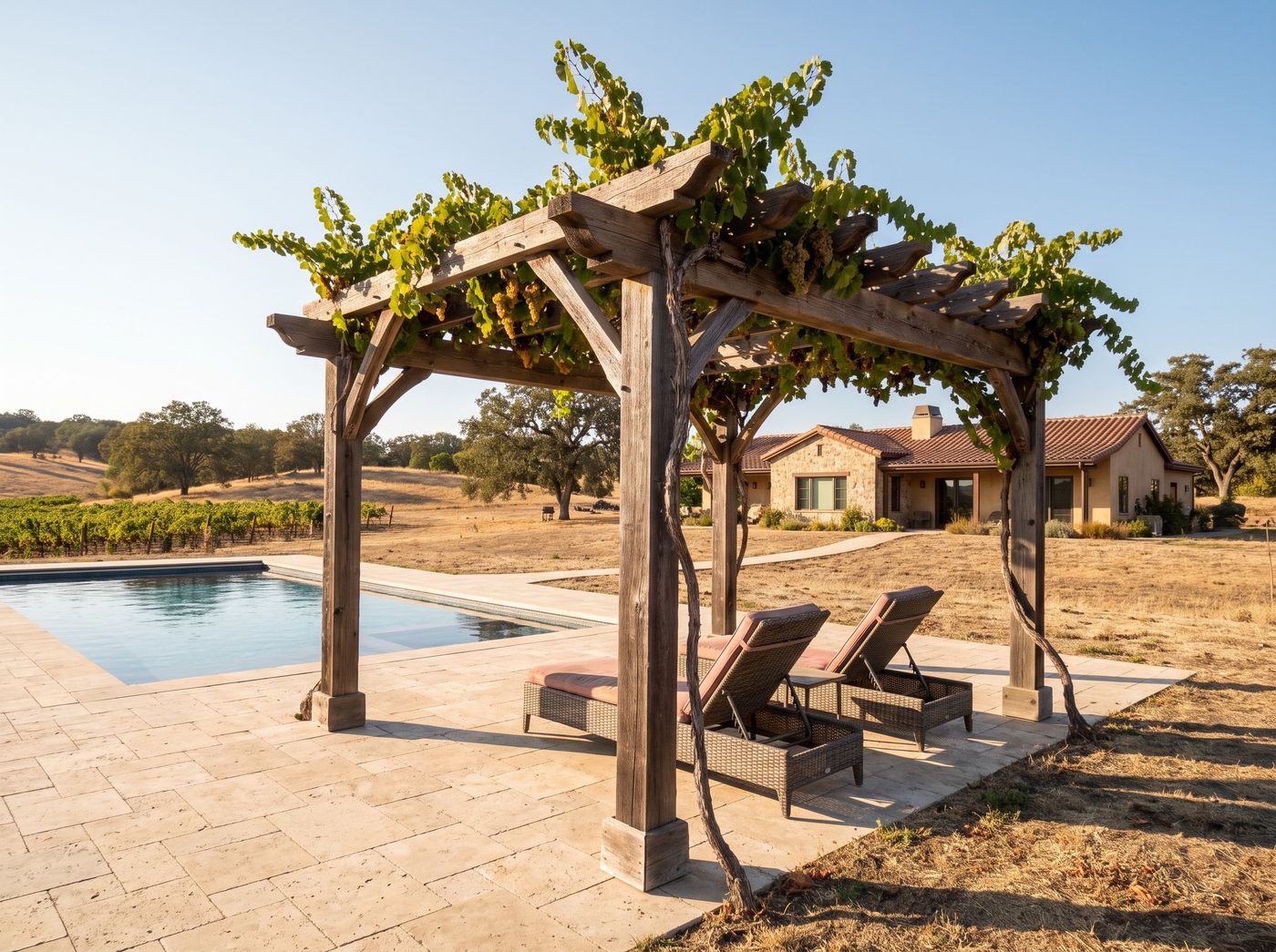 Freestanding Timber Pergola with Fruiting Grapevines
