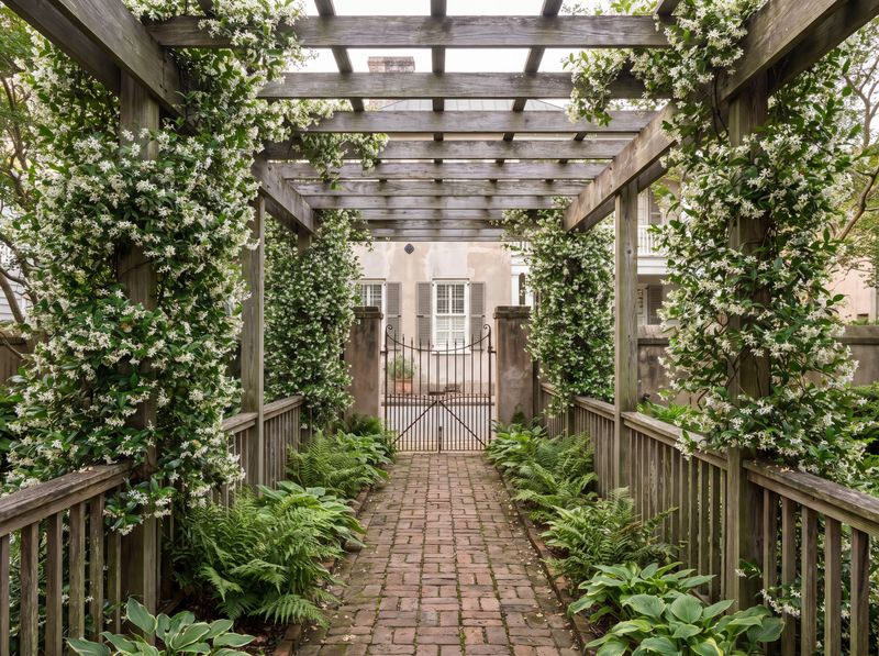 Jasmine-Covered Arbor Over Brick Walkway