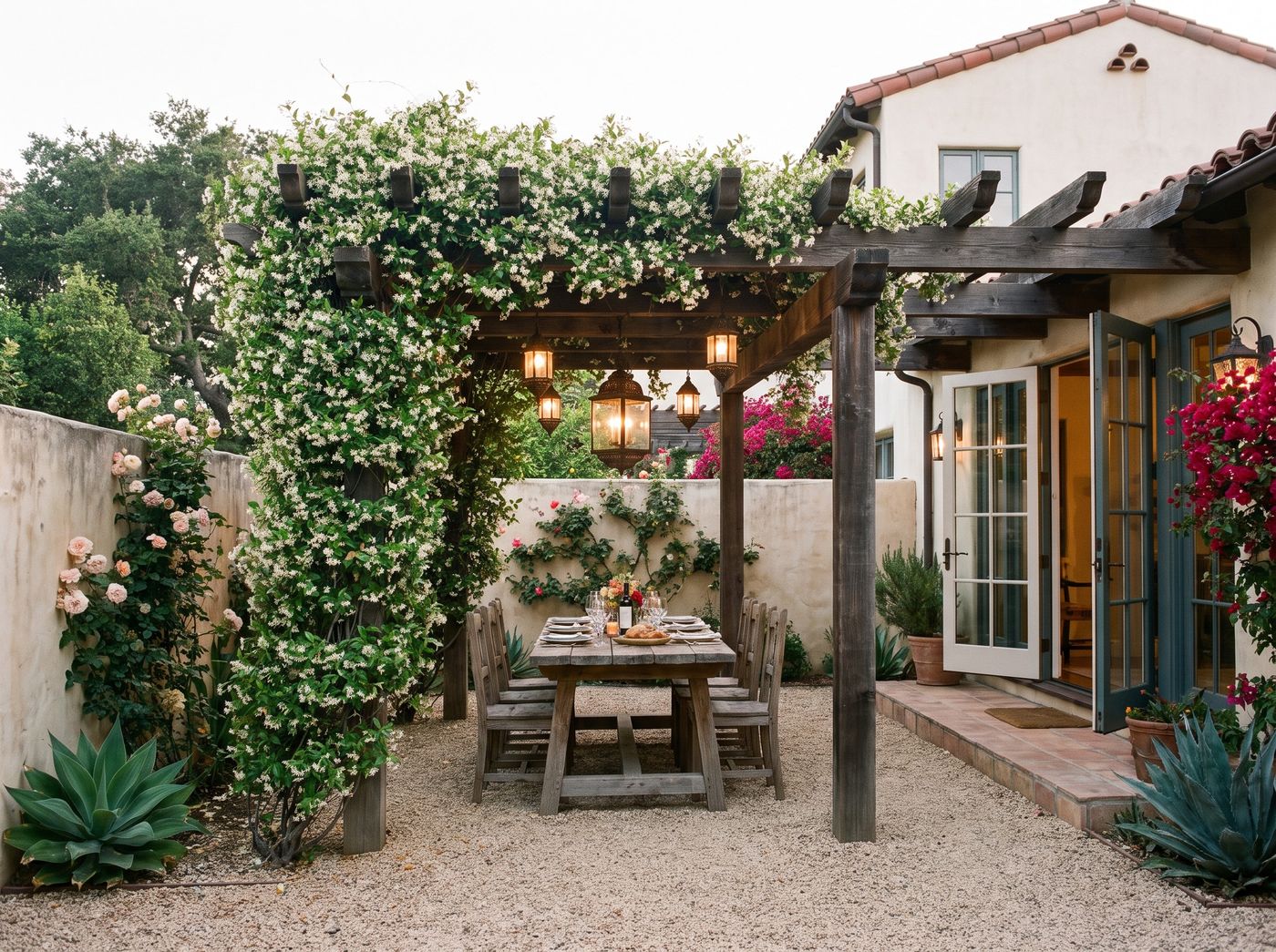 Jasmine-Covered Pergola Over Outdoor Dining