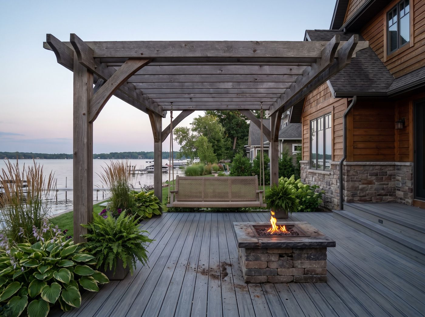 Lakeside Cedar Pergola with Hanging Swing