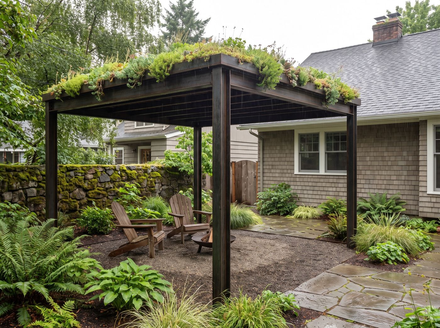 Living Sedum Roof on Steel Pergola