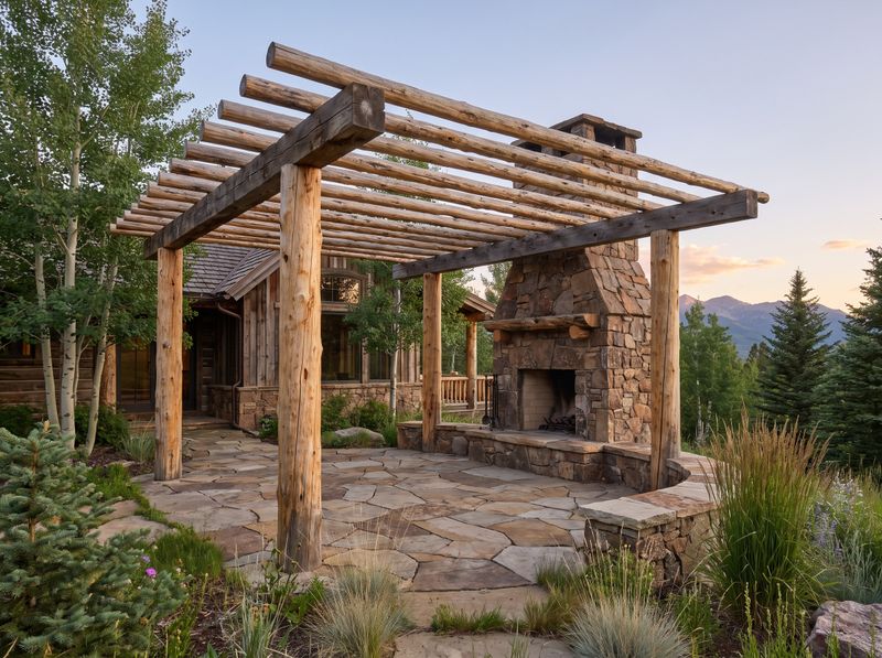 Log Post Pergola with Stone Fireplace