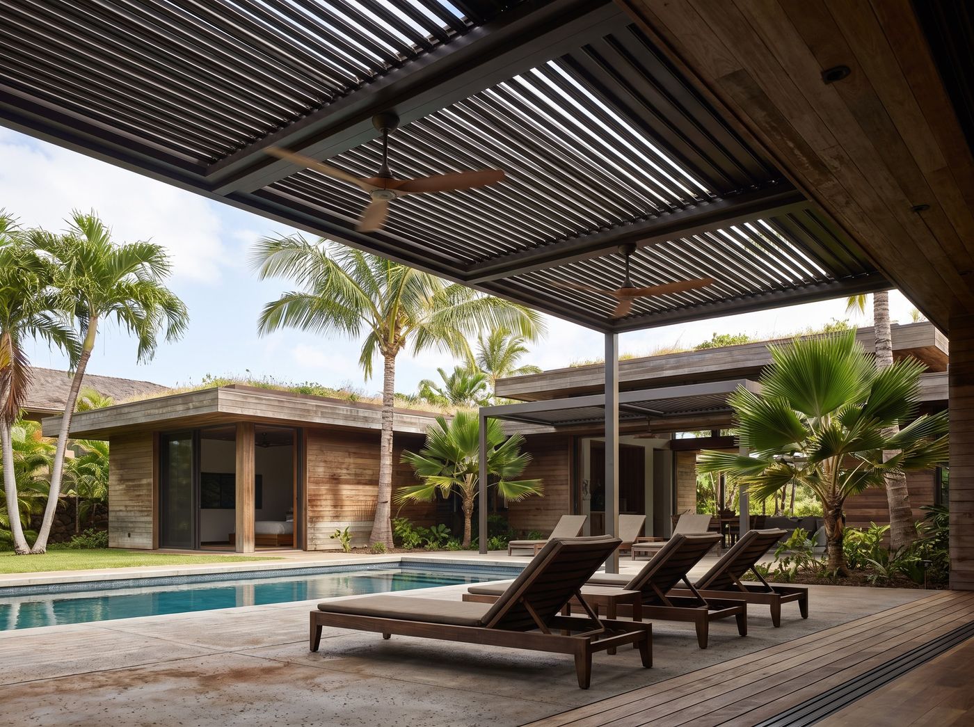 Louvered Pergola Over Poolside Lounge Deck