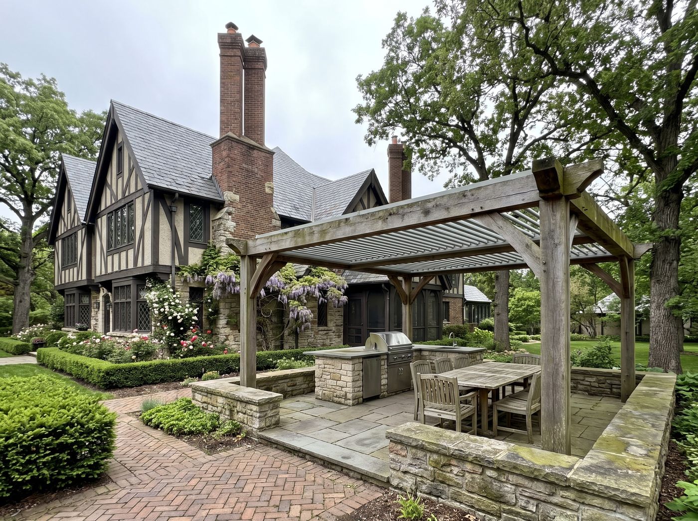 Louvered Pergola Shading Stone Outdoor Kitchen