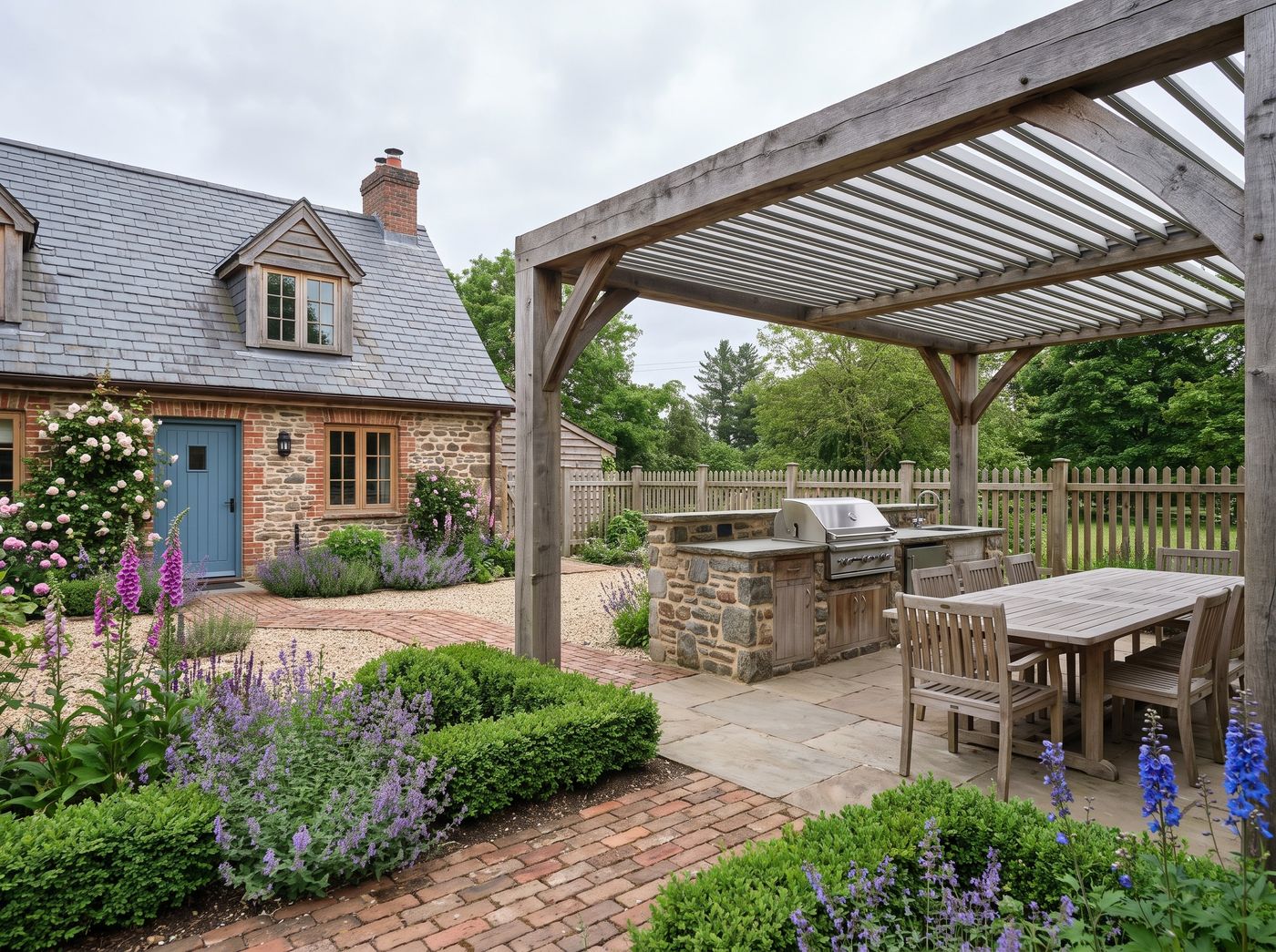 Louvered Timber Pergola Beside Stone Cottage