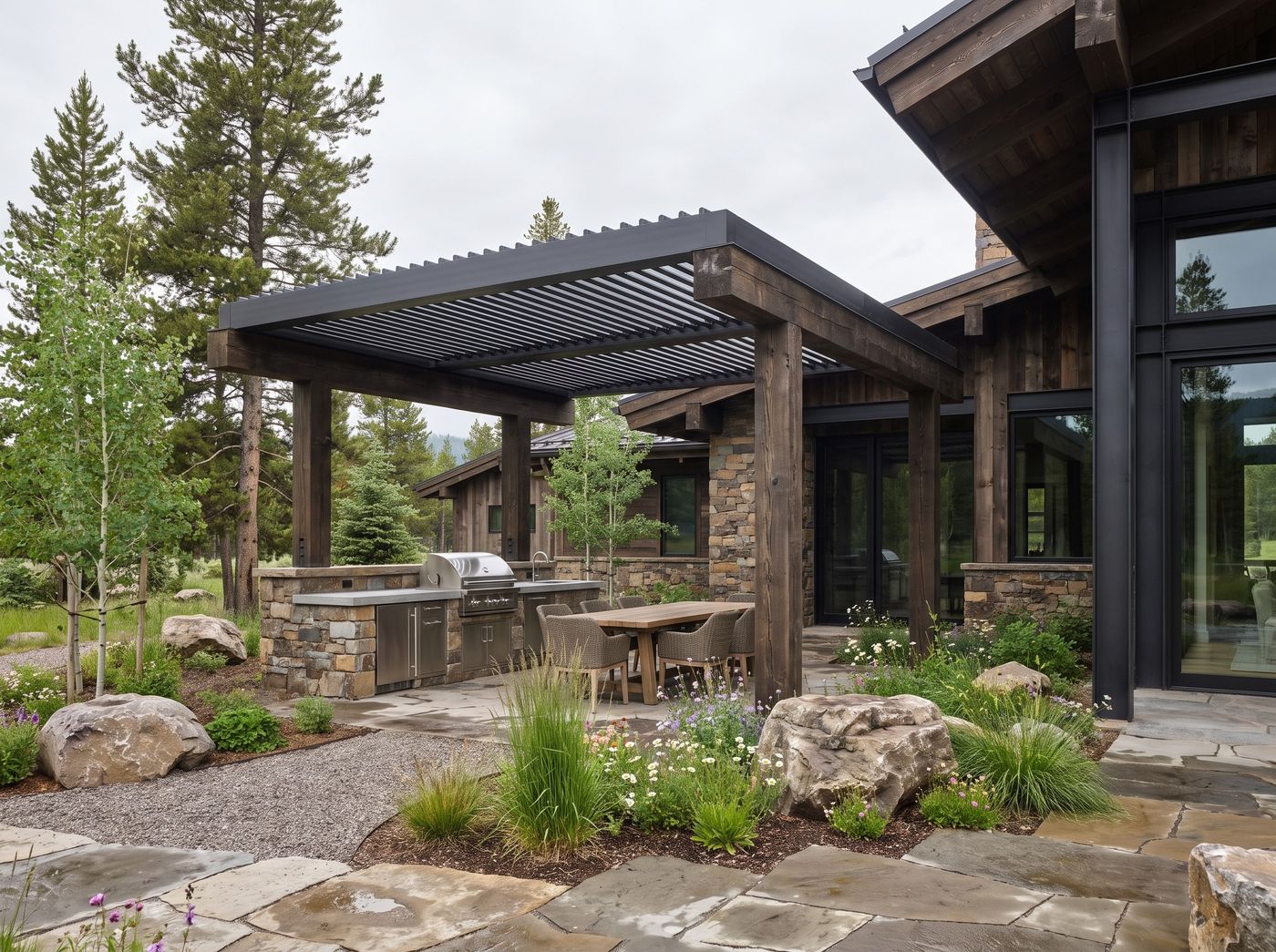 Louvered Timber Pergola with Outdoor Kitchen