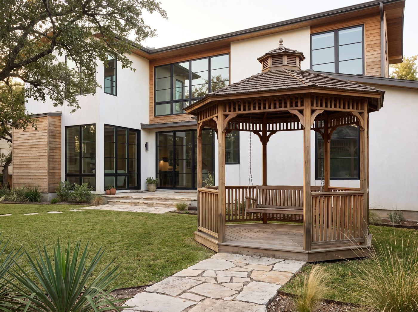 Octagonal Cedar Gazebo with Hanging Swing