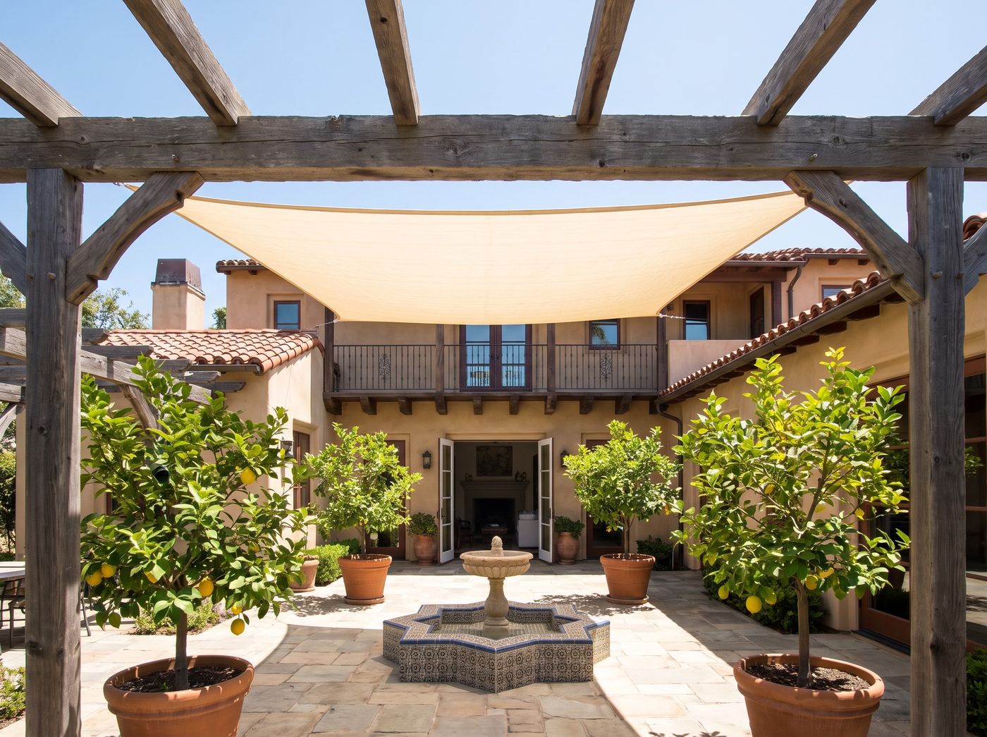 Rustic Timber Pergola Framing Courtyard Fountain