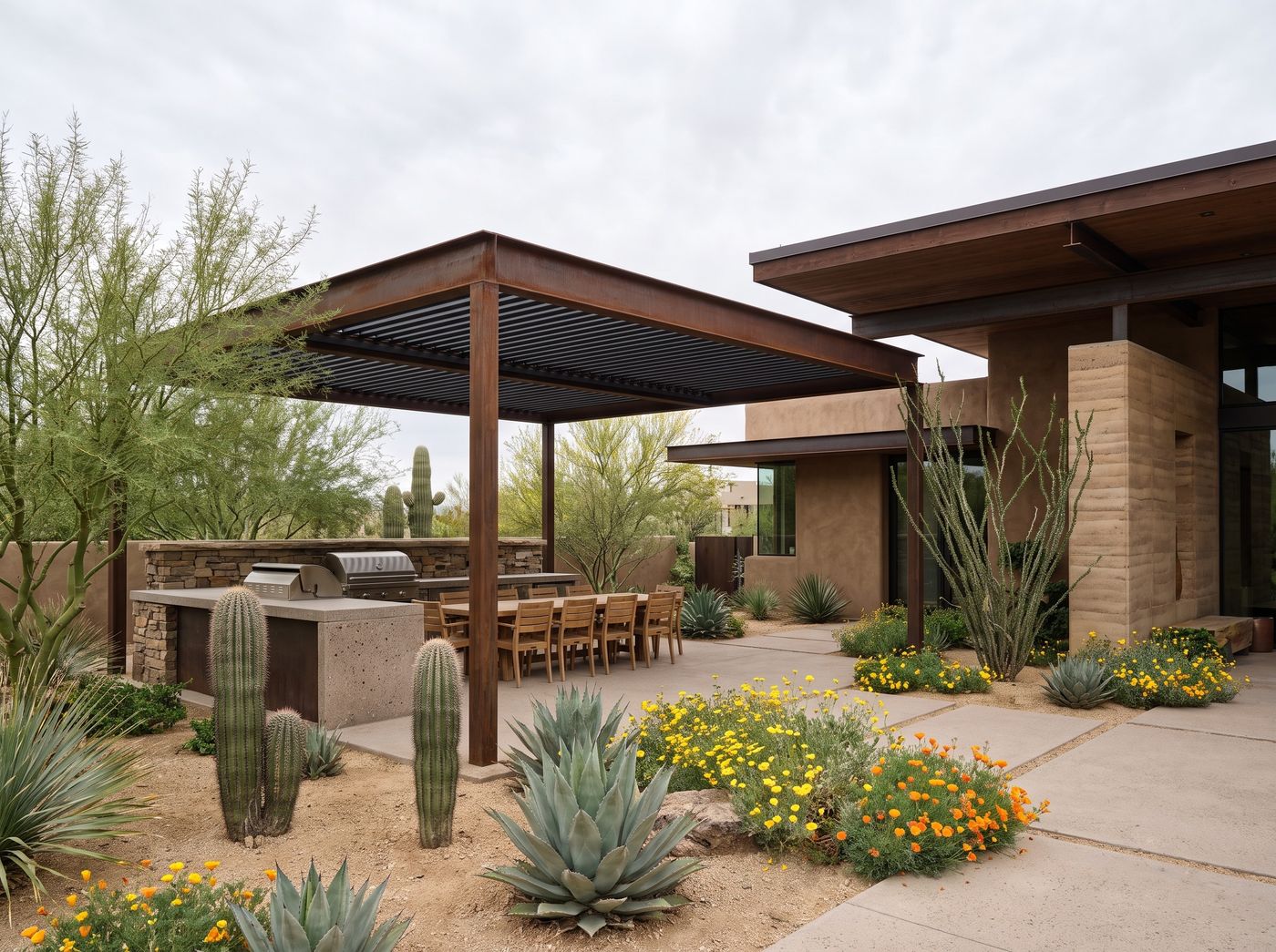 Steel Louvered Pergola with Outdoor Kitchen