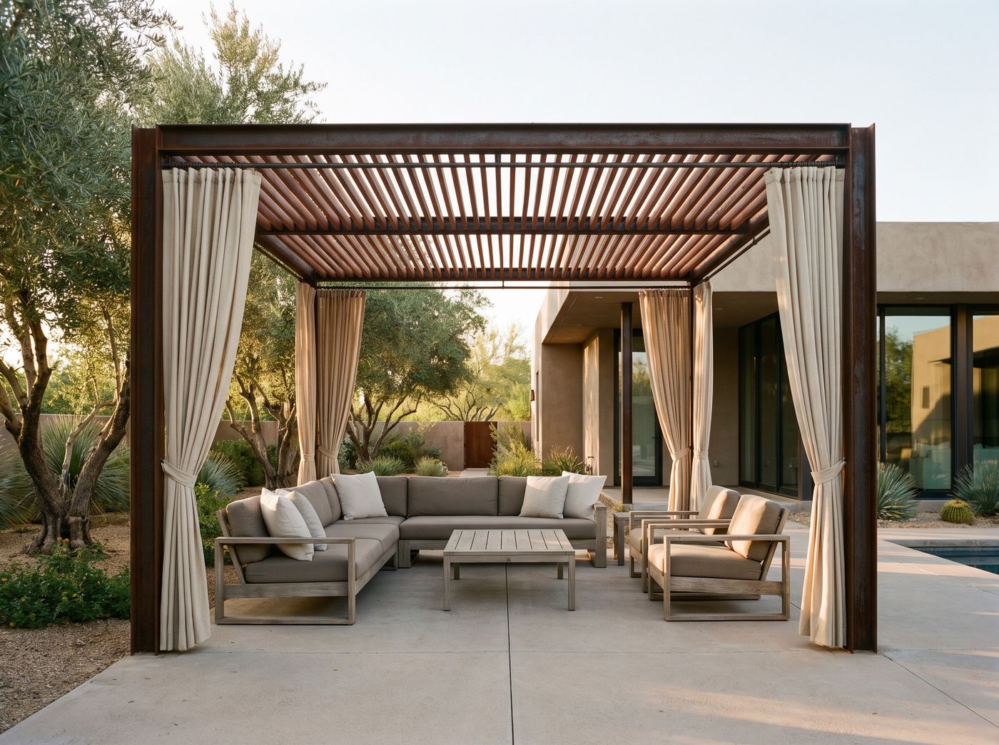 Steel Pergola Sheltering Outdoor Lounge