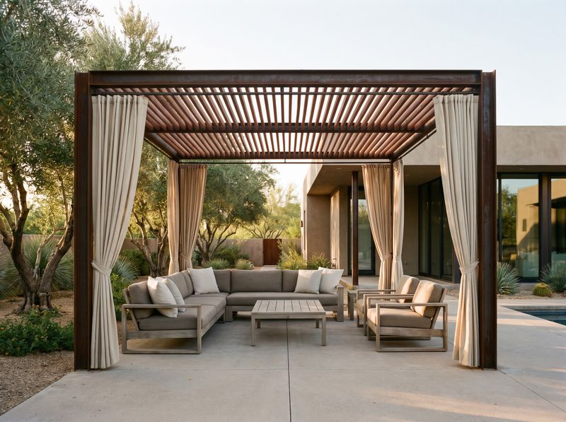 Steel Pergola Sheltering Outdoor Lounge