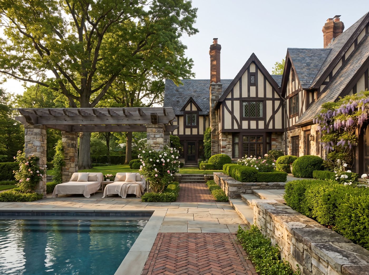 Stone Pergola Sheltering Poolside Daybeds