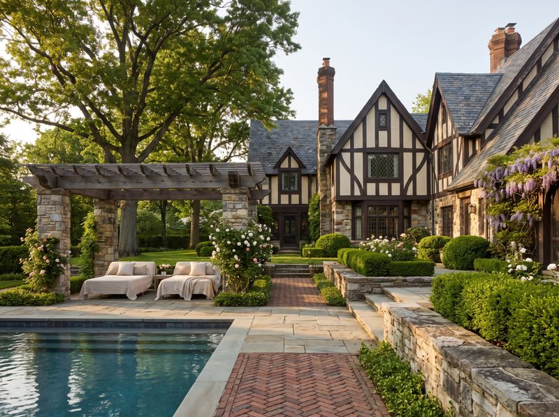 Stone Pergola Sheltering Poolside Daybeds
