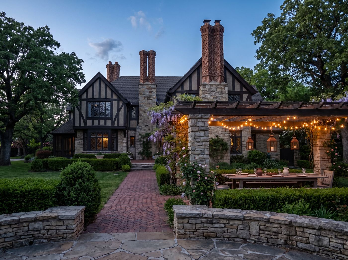 Stone Pergola with Hanging Lanterns