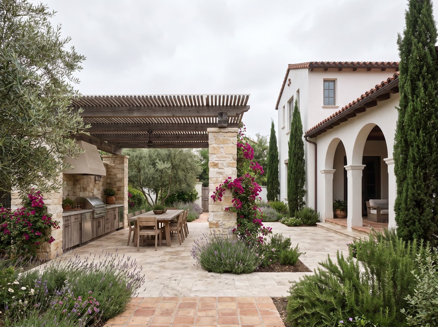 Stone-Pillared Pergola Sheltering Outdoor Kitchen