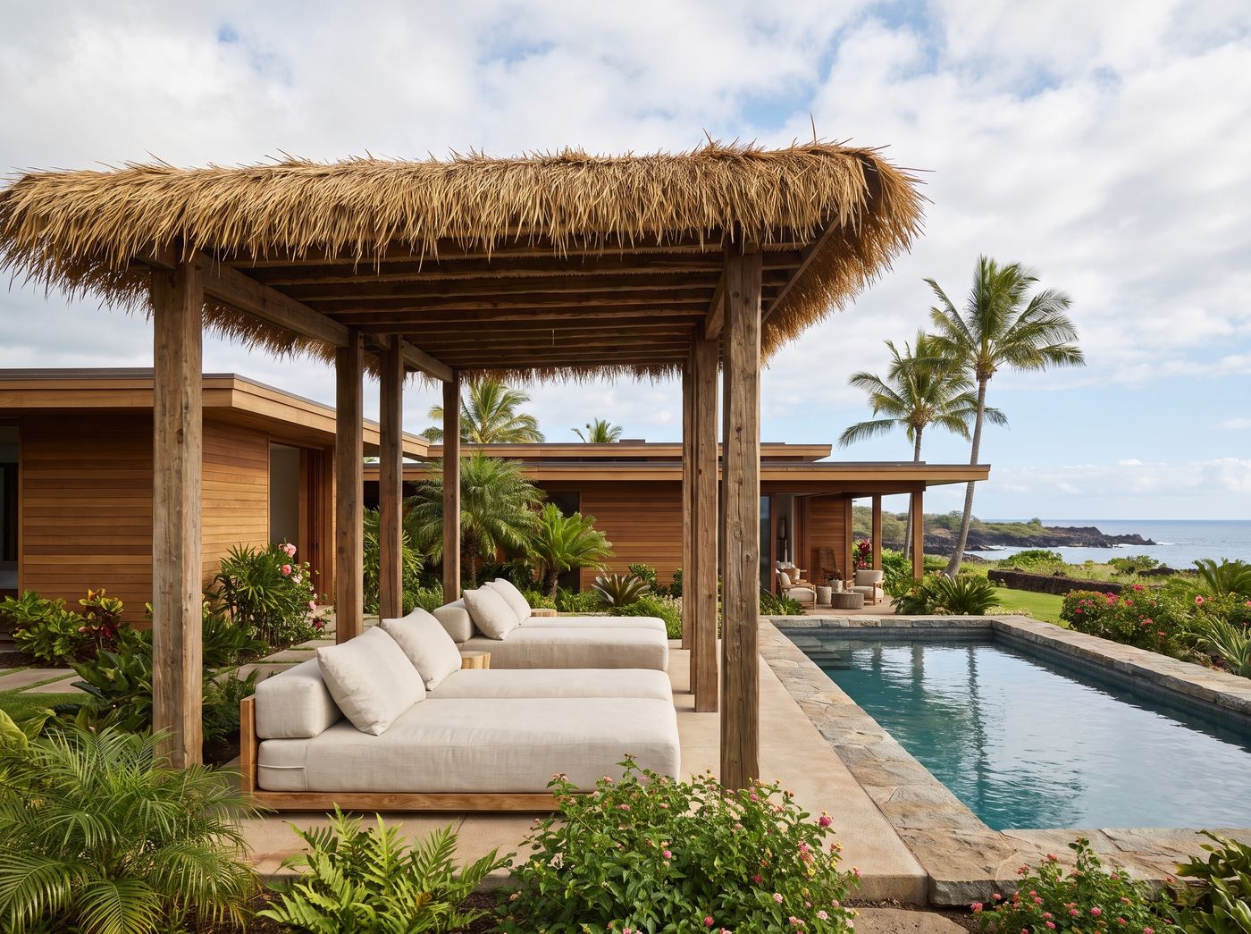 Thatched Timber Pergola with Cushioned Daybeds